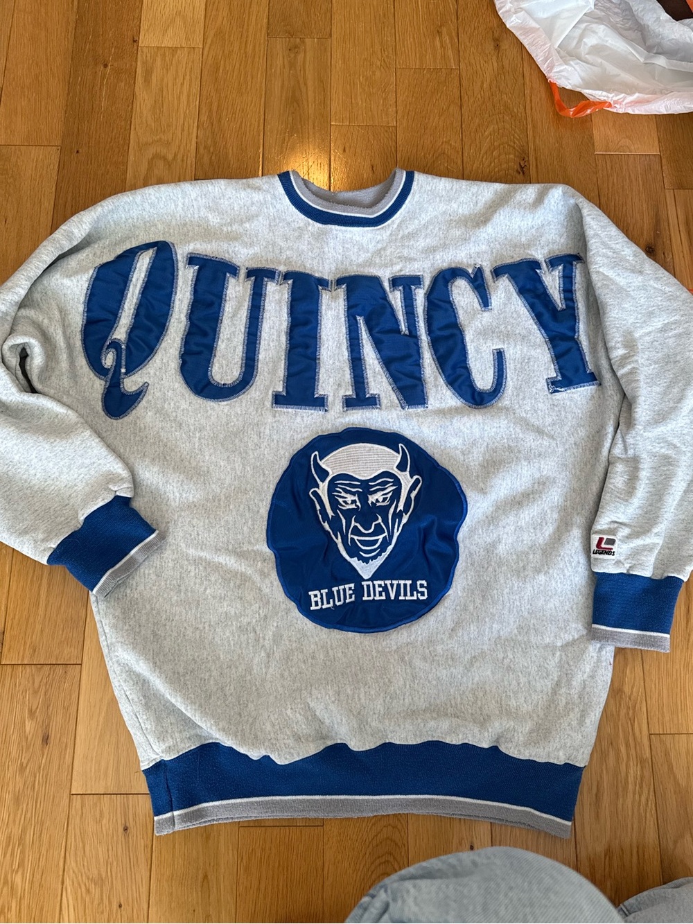 Vintage Quincy Blue Devils Men's Grey & Royal Blue Crewneck Sweatshirt